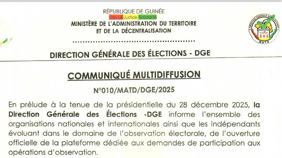 Présidentielle du 28 décembre : La DGE ouvre la plateforme d’accréditation pour les observateurs électoraux