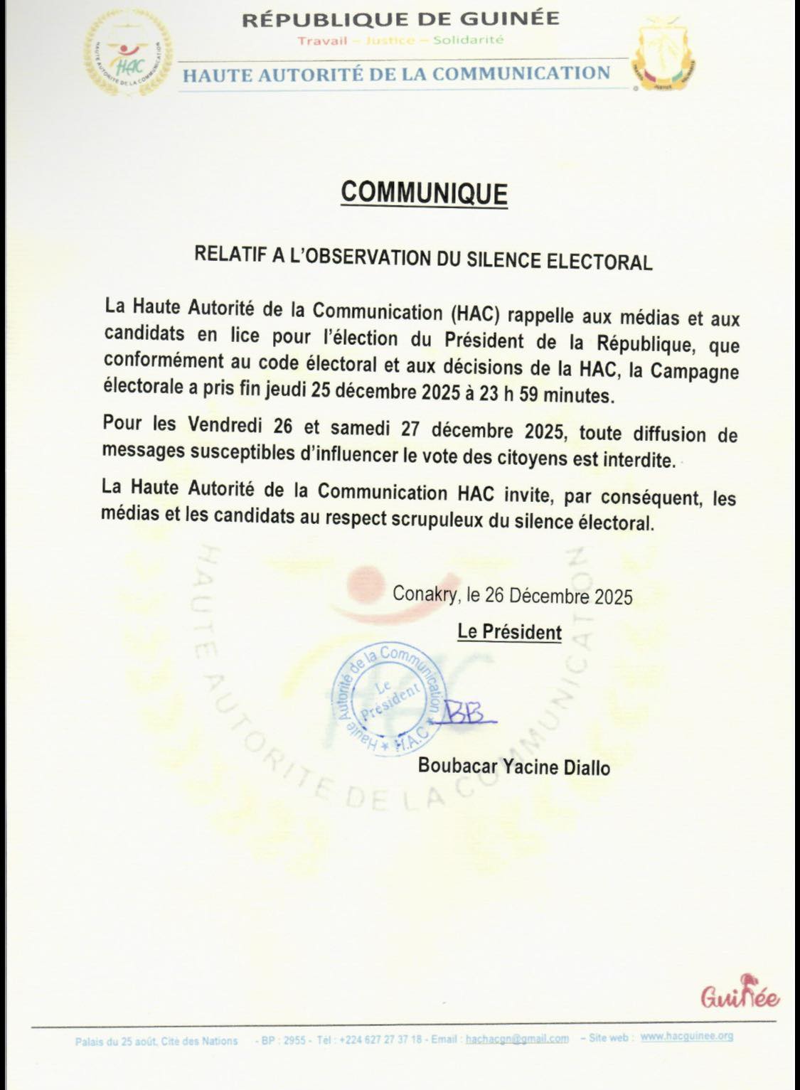 Fin de la campagne &eacute;lectorale : la Guin&eacute;e entre dans le silence &eacute;lectoral