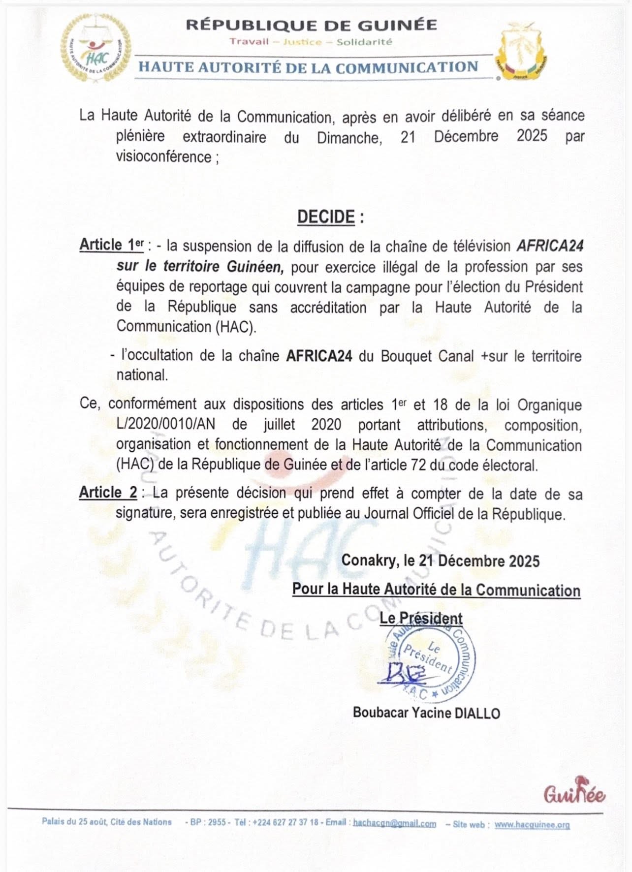 Pr&eacute;sidentielle en Guin&eacute;e : la diffusion de la cha&icirc;ne de t&eacute;l&eacute;vision Africa 24