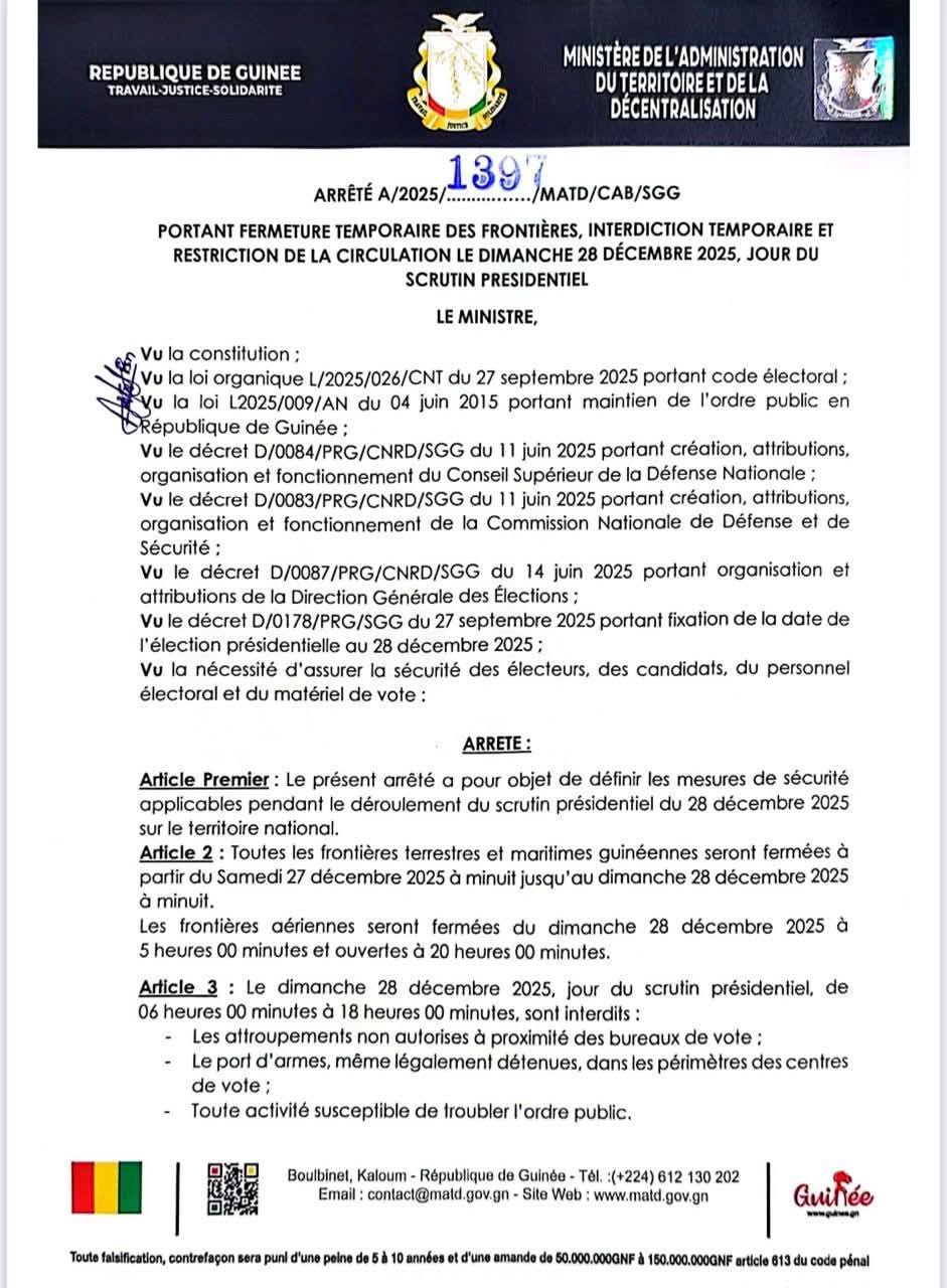 Le minist&egrave;re de l&rsquo;Administration du Territoire fixe les mesures de s&eacute;curit&eacute; pour le scrutin pr&eacute;sidentiel
