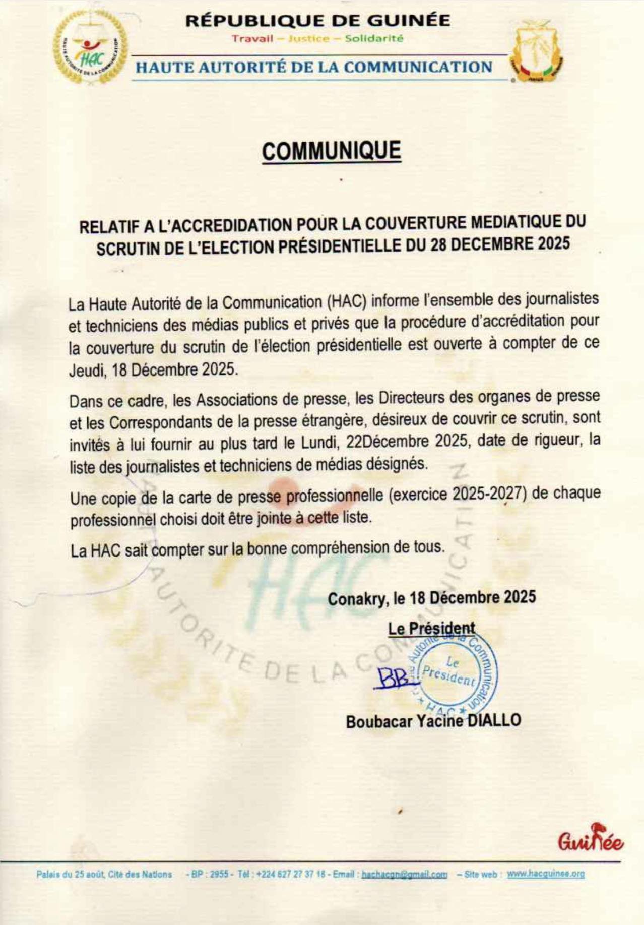 Pr&eacute;sidentielle en Guin&eacute;e : la HAC ouvre les accr&eacute;ditations pour la couverture m&eacute;diatique