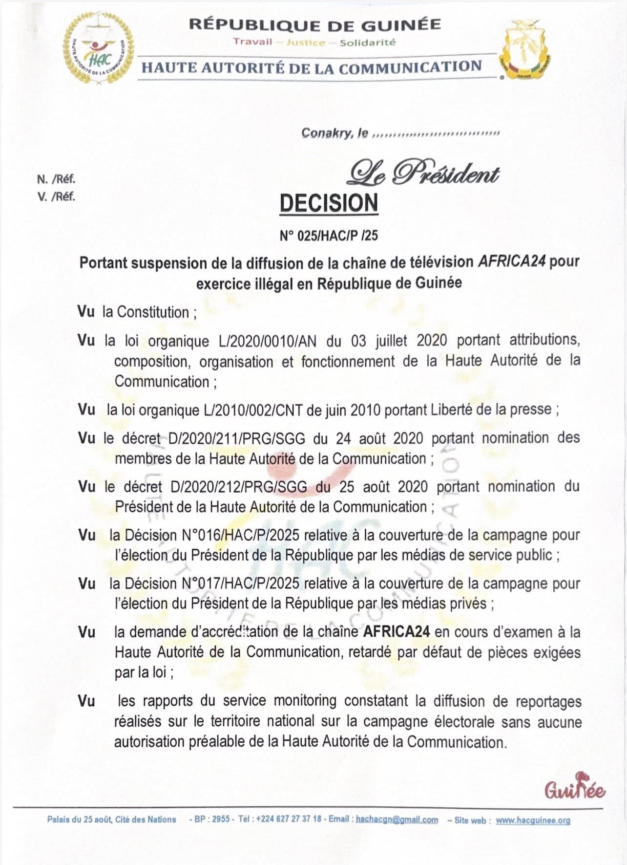 Pr&eacute;sidentielle en Guin&eacute;e : la diffusion de la cha&icirc;ne de t&eacute;l&eacute;vision Africa 24