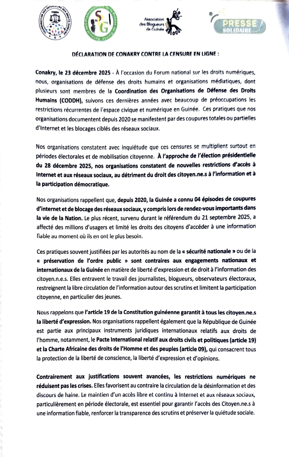 Acc&egrave;s &agrave; Internet en p&eacute;riode &eacute;lectorale : des organisations signent la D&eacute;claration de Conakry
